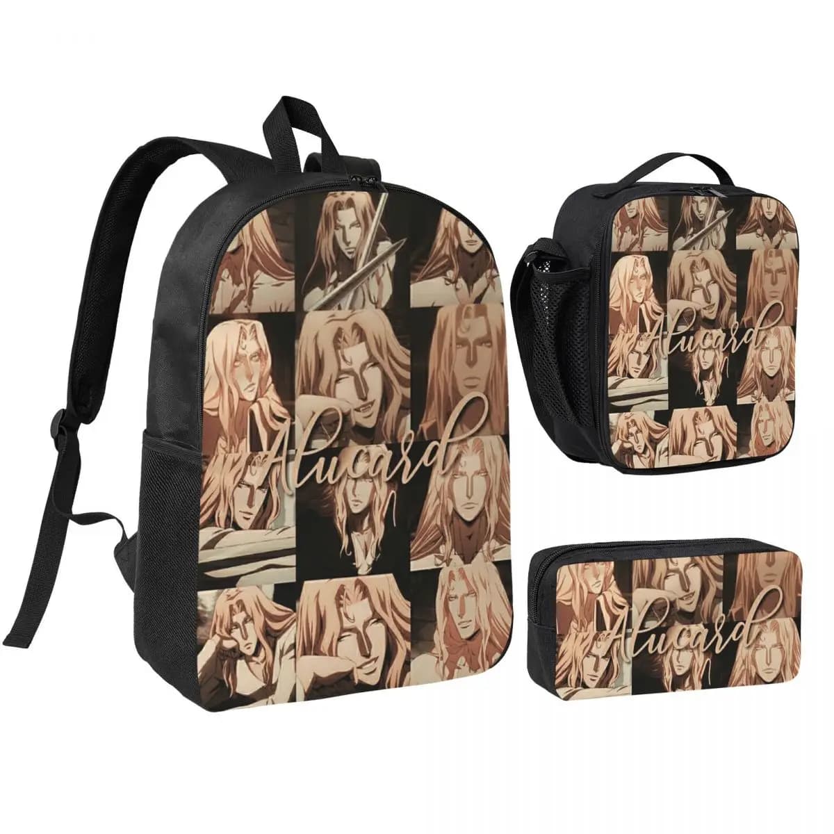 Zaino Alucard Castlevania per ragazzi e ragazze, borsa per libri, borsa da scuola, borse a tracolla, 3 pezzi, borsa termica per il pranzo, astuccio per matite