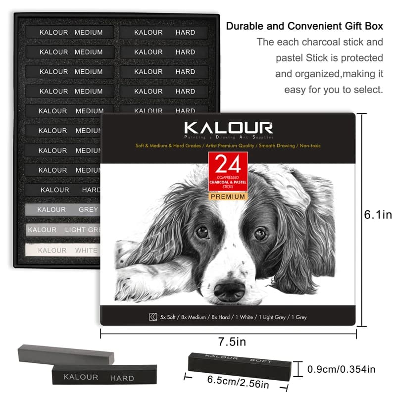 KALOUR 24 Pcs Charcoal Drawing Sticks,Pressional Quality Hard/Medium/Soft Charcoal Non-Toxic Ideal For Sketching,Drawing,Shading