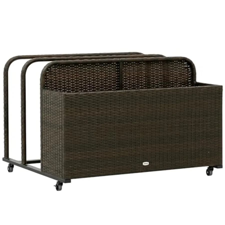 Wicker Pool Float Storage Organizer, PE Rattan Outdoor Pool Float Holder with Rolling Wheels for Noodles, Life Vests, Beach Bal