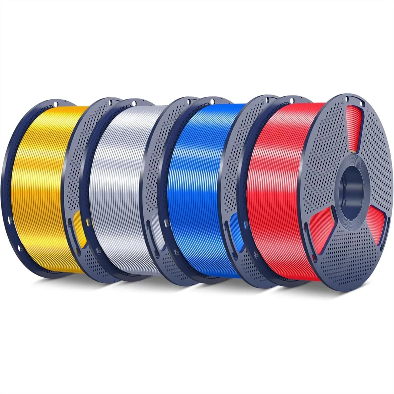 Filamento Silk PLA Plus 4kg, Superficie Lucida 1.75mm ±0.02mm per Stampante 3D, 4 Bobine (Argento+Oro Chiaro+Blu+Rosso)
