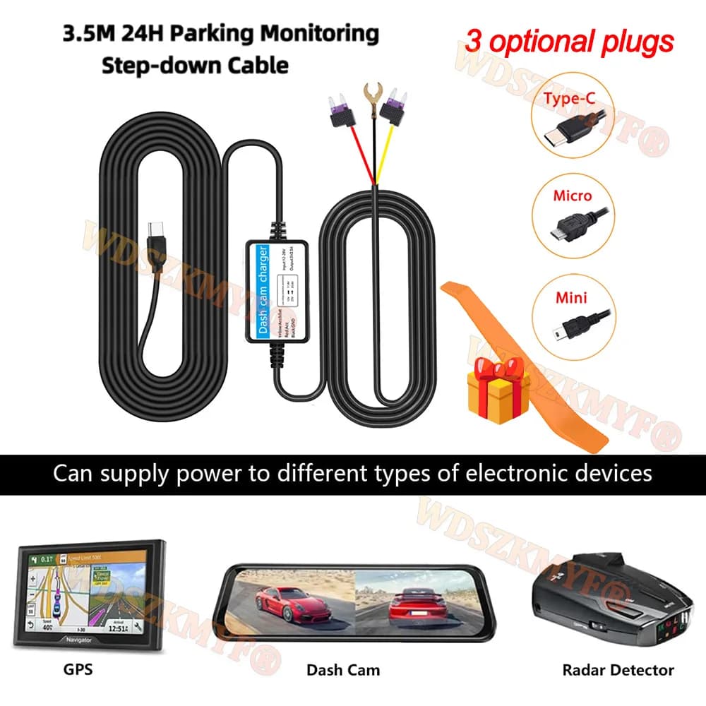 Mini / Micro / Type-C 2.5A 3.5m 24H Parking Dash Cam for Car DVR 12-24v Hard Cable Kit Step-Down Line USB Interface Charger