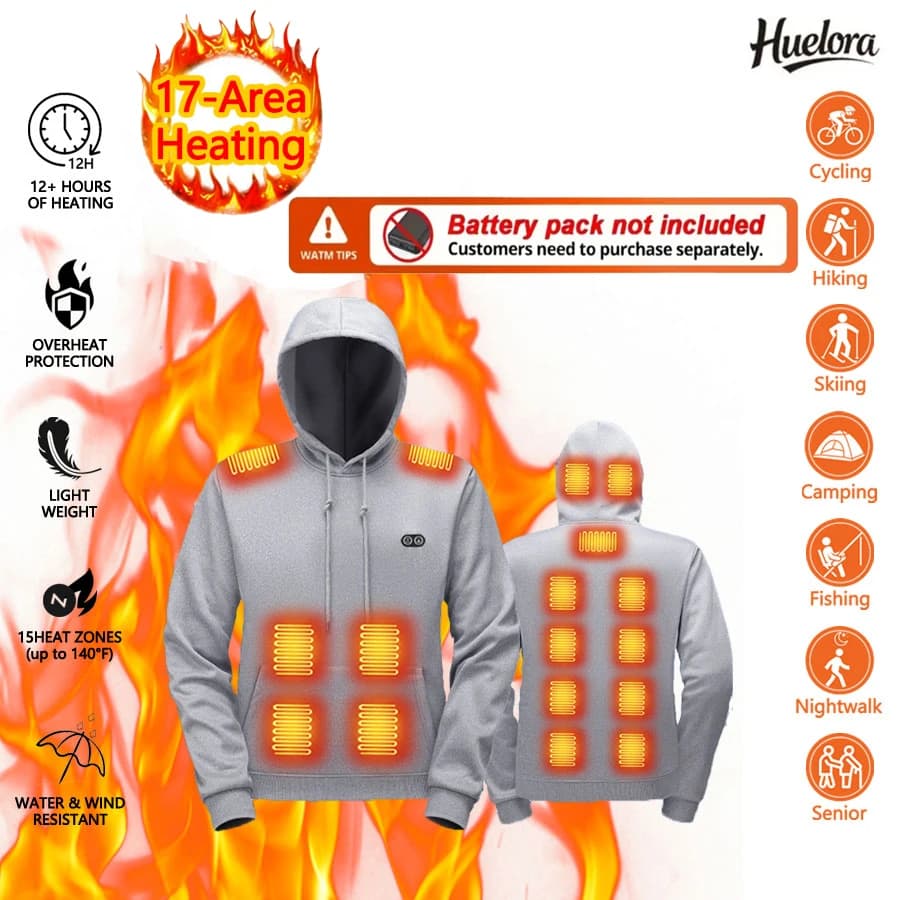 Hoodie with heating in 17 zones Winter coat Heated outdoor clothing via USB Hot sports sweatshirt (Not included The Power Bank)