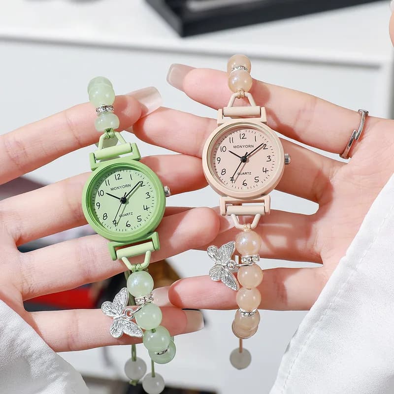 Women's Watch Butterfly Beaded Student Style Simple Fresh Quartz Watch High-End Trendy Design Ladies Watch Daily Wear Girl Gifts