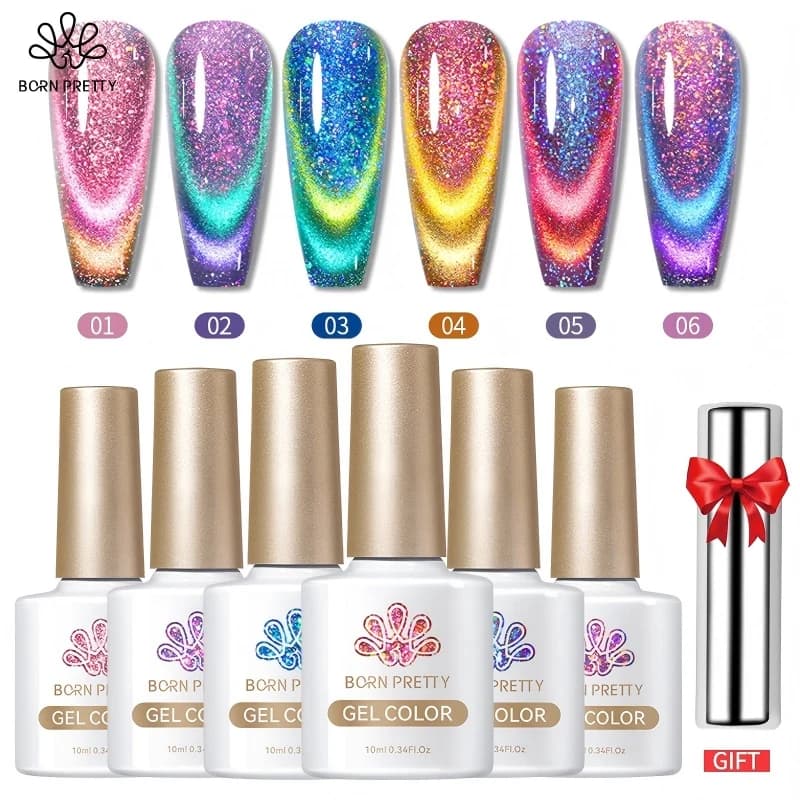BORN PRETTY Set di smalti gel magnetici da 6 pezzi Colori arcobaleni riflettenti a doppia luce con bastoncino magnetico per manicure a casa