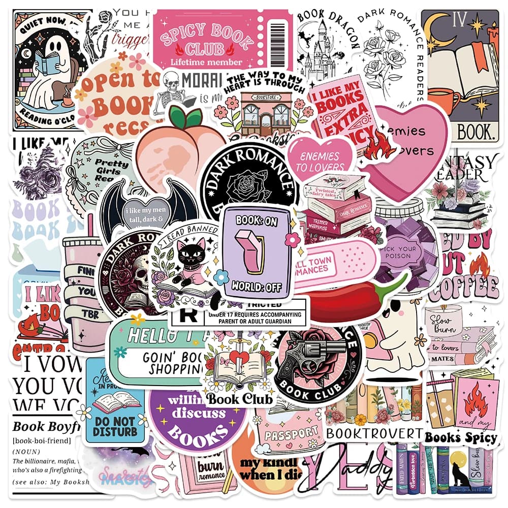 50 pieces of stickers for book club, romantic aesthetic bookish vinyl decals for luggage, laptop, guitar, diary, waterproof graffiti