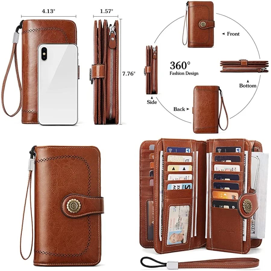 Portafoglio in Pelle per Donne con Blocco RFID, Chiusura a Zip, Porta Carte di Credito e Telefono
