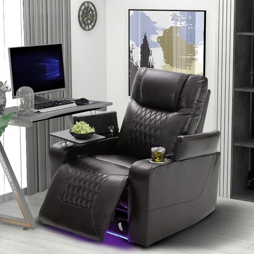Sedia reclinabile elettrica con porta di ricarica USB, tavolo con vassoio girevole a 360°, sedili per home theater da gioco con illuminazione ambientale