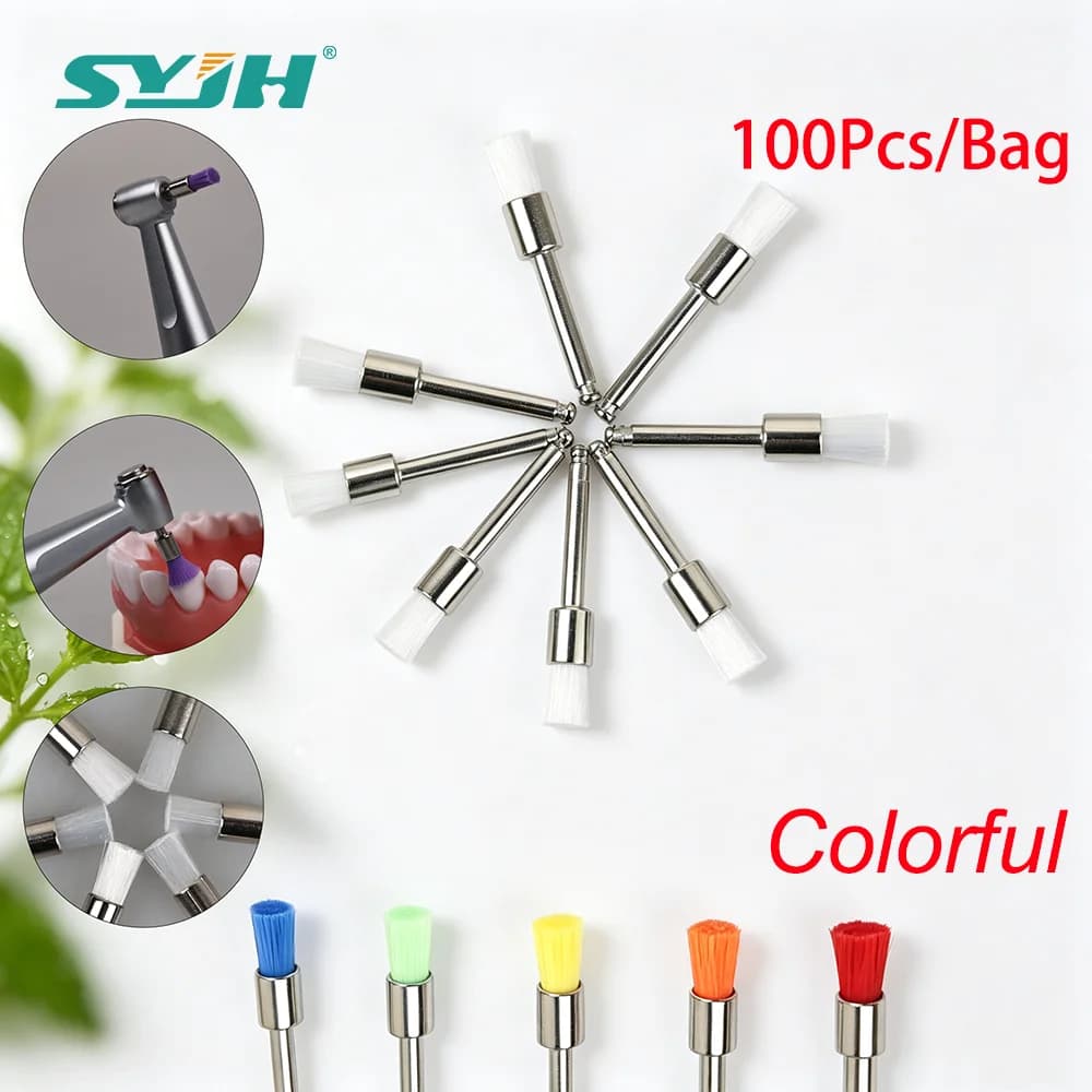 SYJH Dental 100 Pezzi/Sacchetto Spazzole Lucidanti in Nylon Colorate con Gambo RA, Strumento per la Pulizia Superficiale in Odontoiatria, Rimozione Macchie e Lucidatura