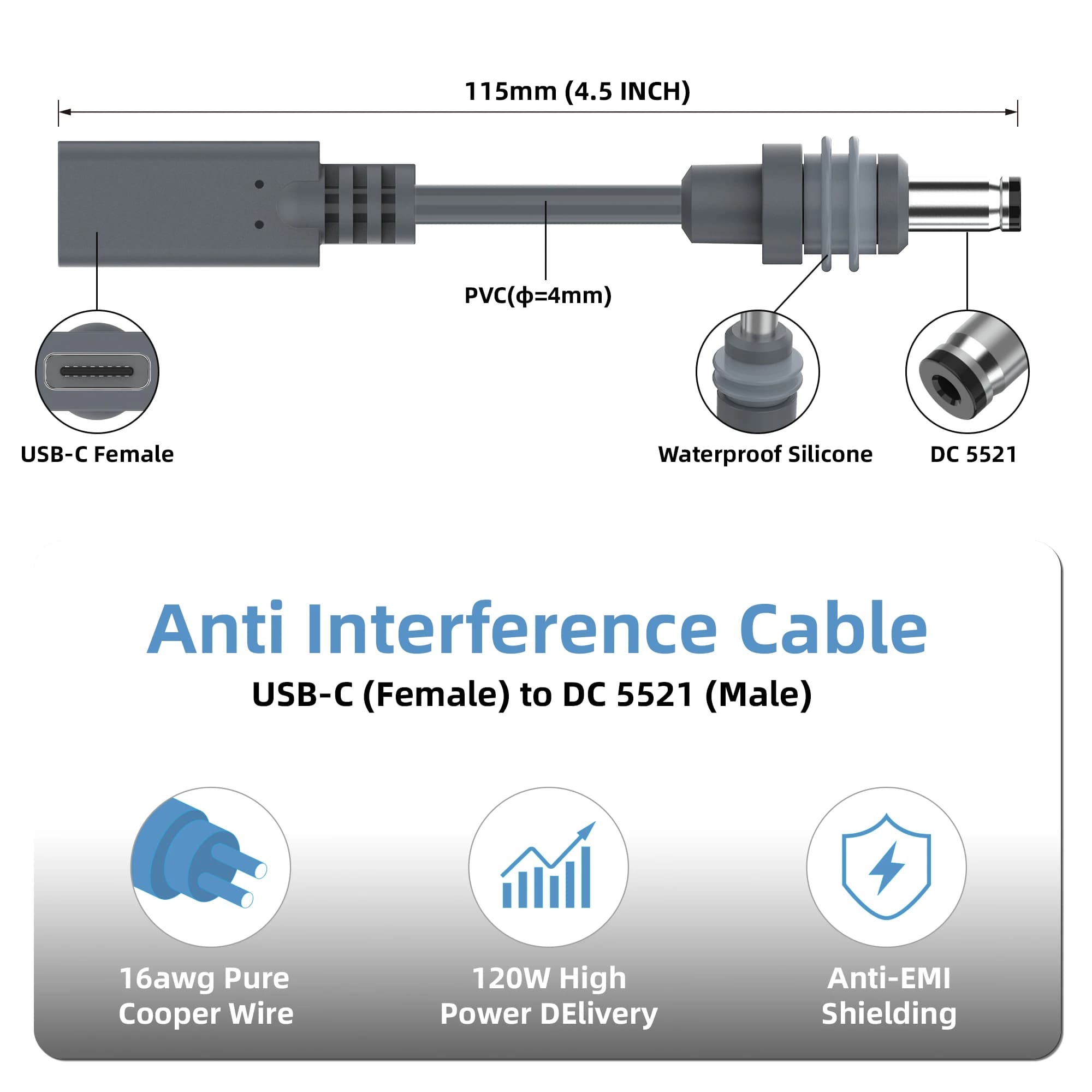For Starlink Mini USB-C female to DC male cable adapter power adapter 0.12 m waterproof converter suitable for IP cameras and laptops