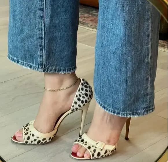 Black White Horse Fur Leopard Round Open Toe Thin Heels Hollow Sandals Women Summer Cover Heel Buckle Shallow Slip On Sandals