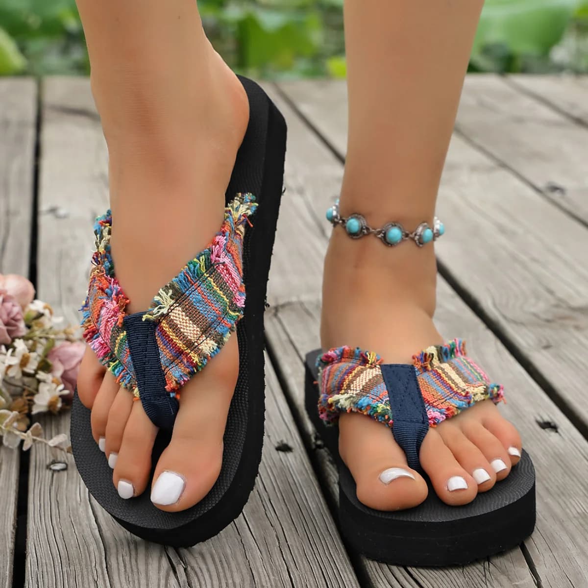 Women Bohemian Beach Vacation Flip Flops Summer Clip Toe Colorful Woven Slippers Woman Plus Size 36-43 Soft Soles Wedges Sandals