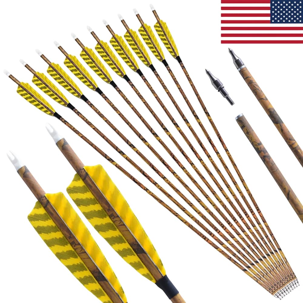 12pcs Archery Mixed Carbon Arrows 31.5 Inch Camo Spine 500 ID6.2mm 100 Grain Arrowheads with Turkey Feathers for Compound Recurve Bow Hunting Target Shooting