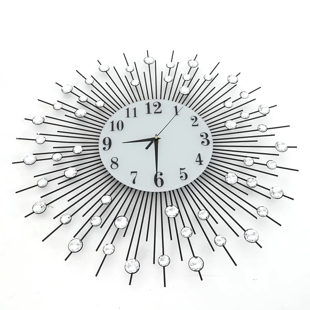 Dyrabrest 60X60Cm Large modern wall clock in round crystal with crushed diamond Sun-shaped design Non ticking Silent for home decoration Livin