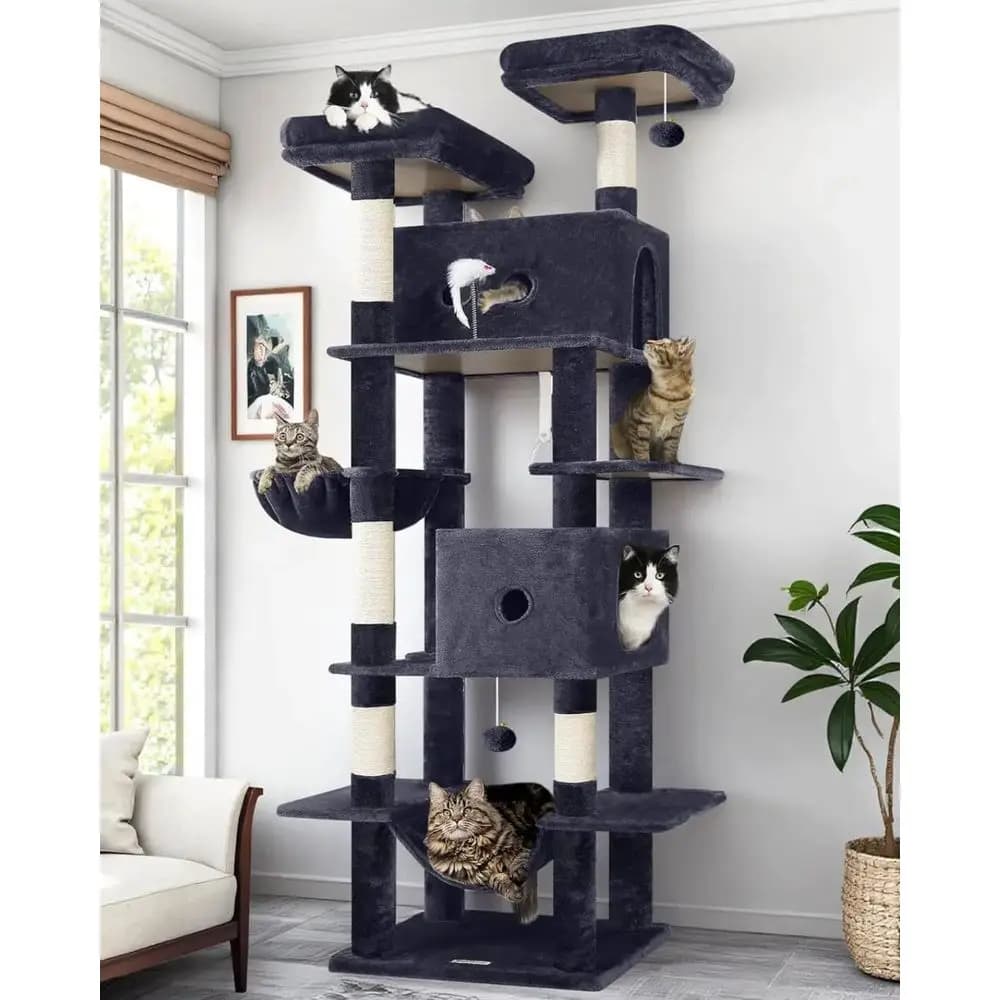 Torre per Gatti Extra Grande da 80 Pollici di Altezza per Gatti Domestici Multipli con Tiragraffi, 2 Cuccette, Posti Sdraiarsi Imbottiti e Amaca - Grigio