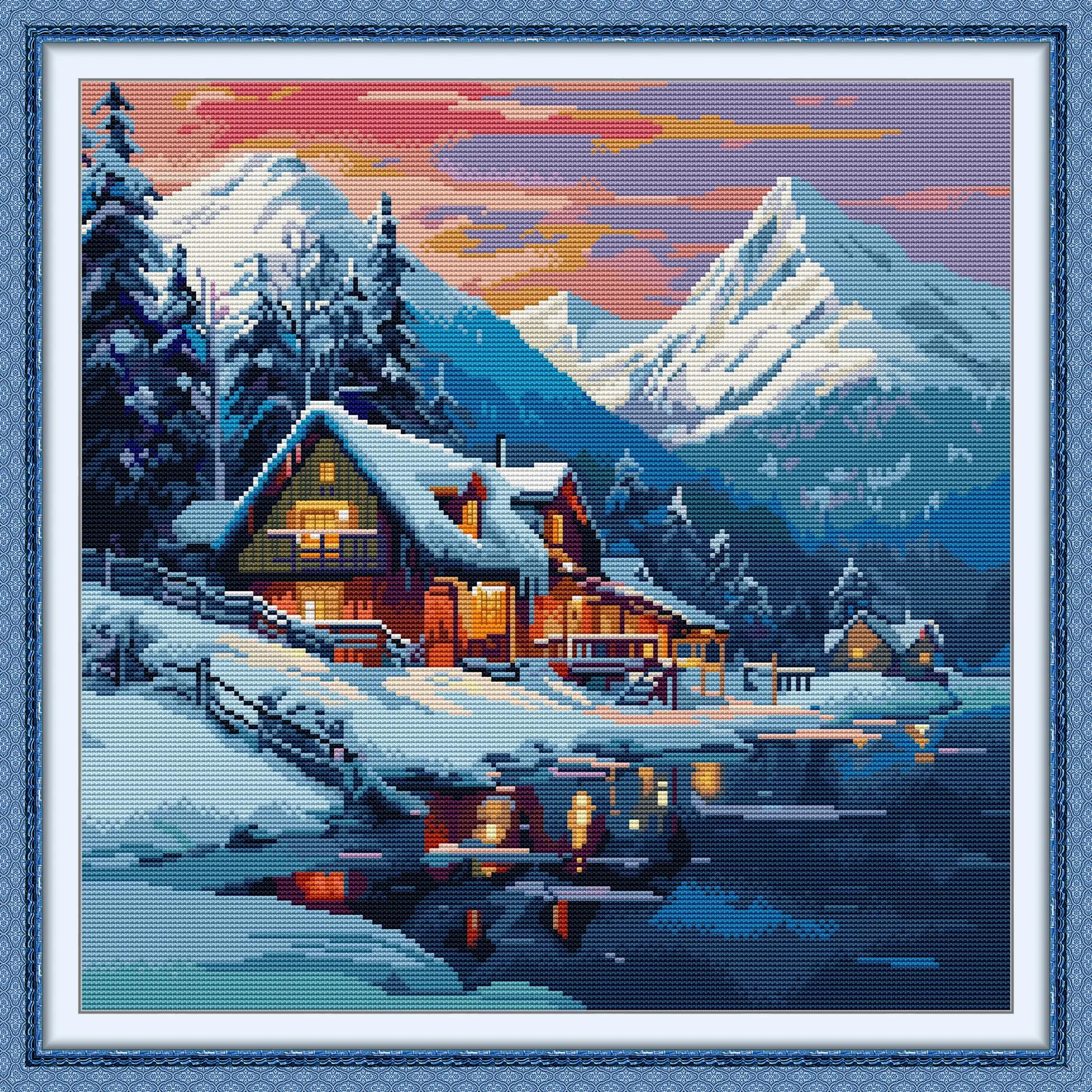 News Pre-Printed Cross Stitch Kit, Stamped Aida Fabric With DMC Threads, Embroidery Kit - Winter Snow Village