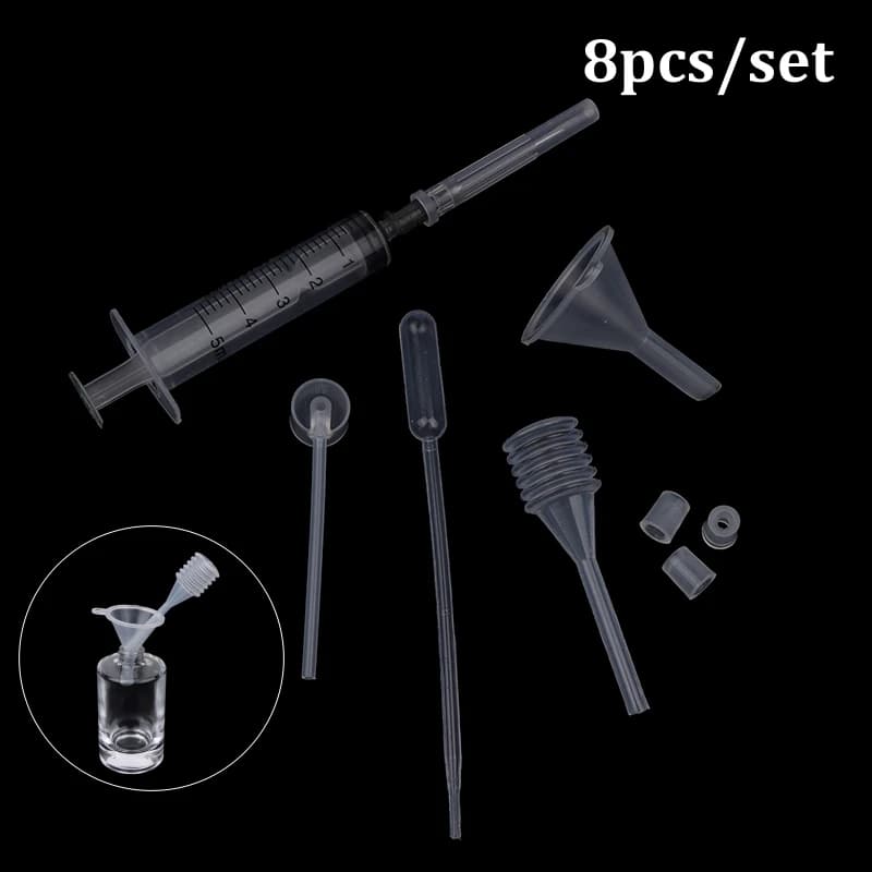 8 unità/Set di strumenti di ricarica del profumo Set di strumenti di plastica per diffusore siringa contagocce in paglia imbuto erogatore Spray strumenti cosmetici richiesti