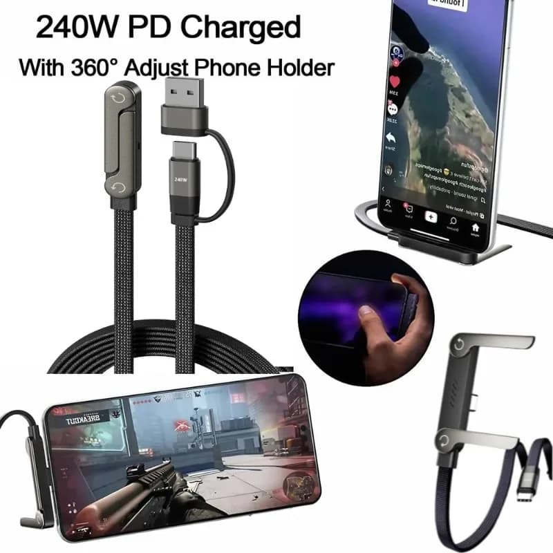 Sideways Phone Charger,Invisible Stand Charging Cable,Built in Phone Stand Charging Cord with Folding Phone Stand 2-in-1 Holder