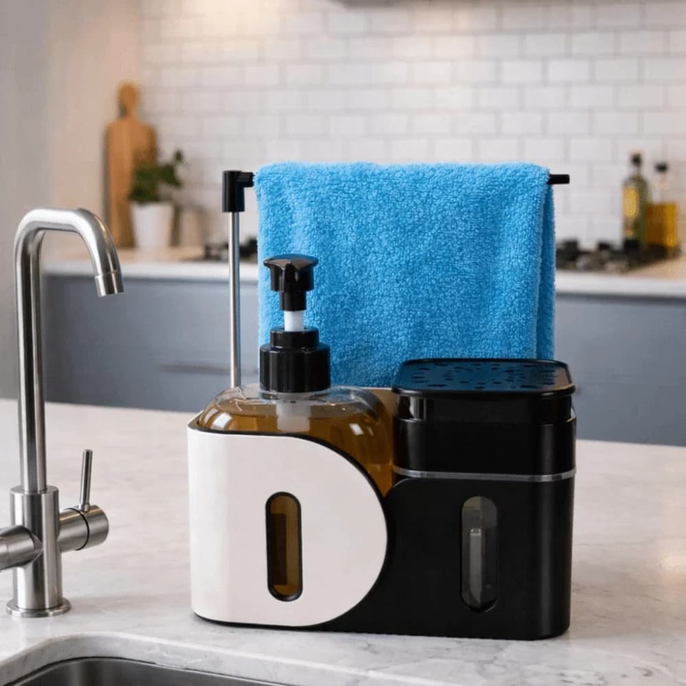 Set Dispenser di Sapone per Mani e Piatti in Plastica con Porta Spugna e Porta Panno, Dispenser di Sapone Doppio Ricaricabile a Pressione