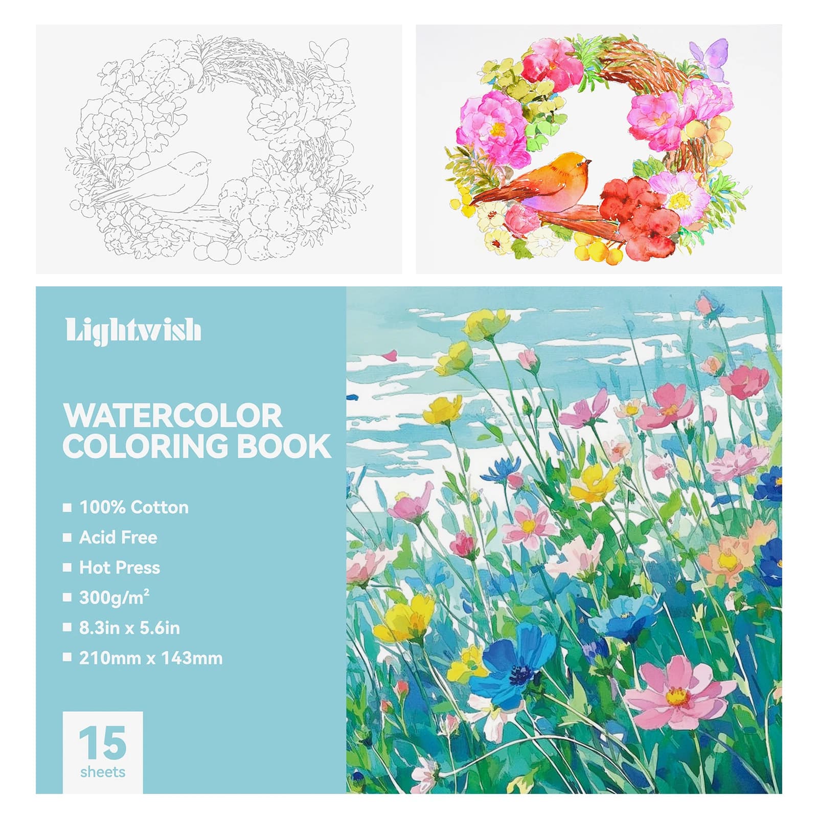Lightwish Watercolor Coloring Book 15 Sheets | 100% Cotton 300g Acid-Free | 8.3"x5.6" Sketch Book for Adults Beginners Artists