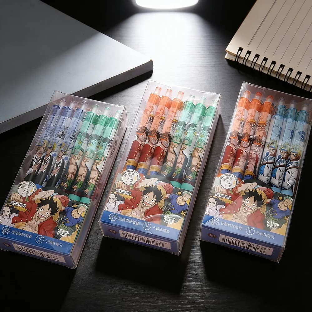 One Piece Student Press Gel Pen Set - 4/8/12pcs Creative Cartoon Stationery 0.5mm Bullet Tip Black Ink Writing Gift for School
