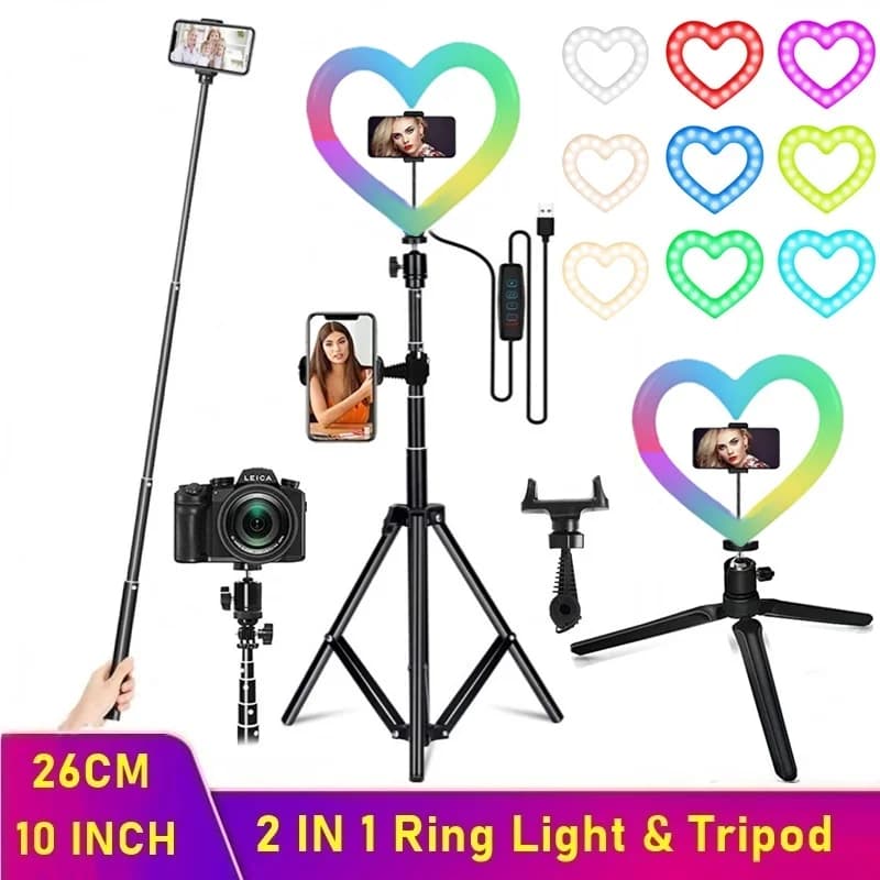 10 pollici dimmerabile RGB LED Selfie Ring Light cuore foto anello lampada illuminazione fotografica con treppiede per trucco telefono video Live Volg