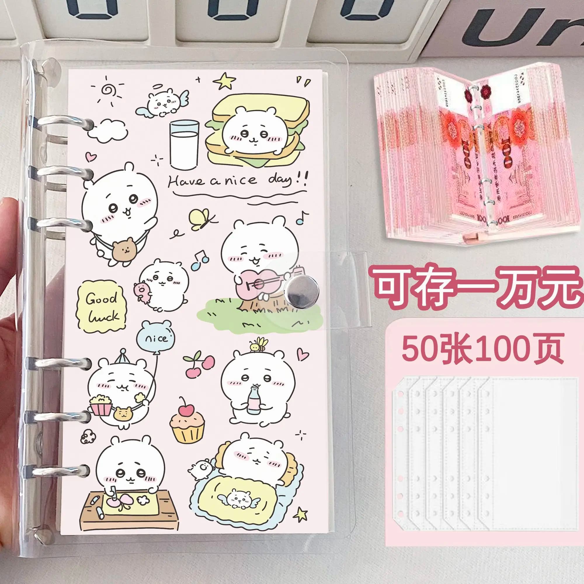 Quaderno per Risparmi Chiikawa Cute Usagi Cartoon Hachiware, 100 Pagine, Raccoglitore per Conservazione Contanti, Planner Finanziario per Studenti