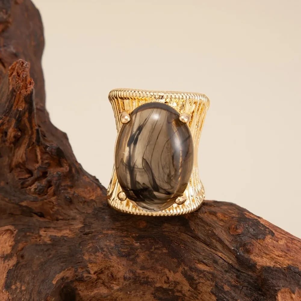 Anello Elegante Vintage Bohemien di Lusso Leggero, Anello in Metallo e Resina Irregolare Esagerato, Anello a Fascia Larga da Donna