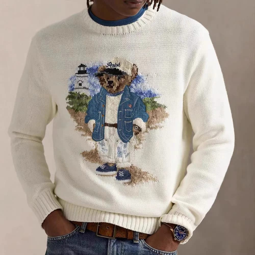 Spring Cartoon Heavyweight Thousand Needle Denim Knitted Sweater Bear Embroidery Ageless Versatile Sweater New Style Women's ...