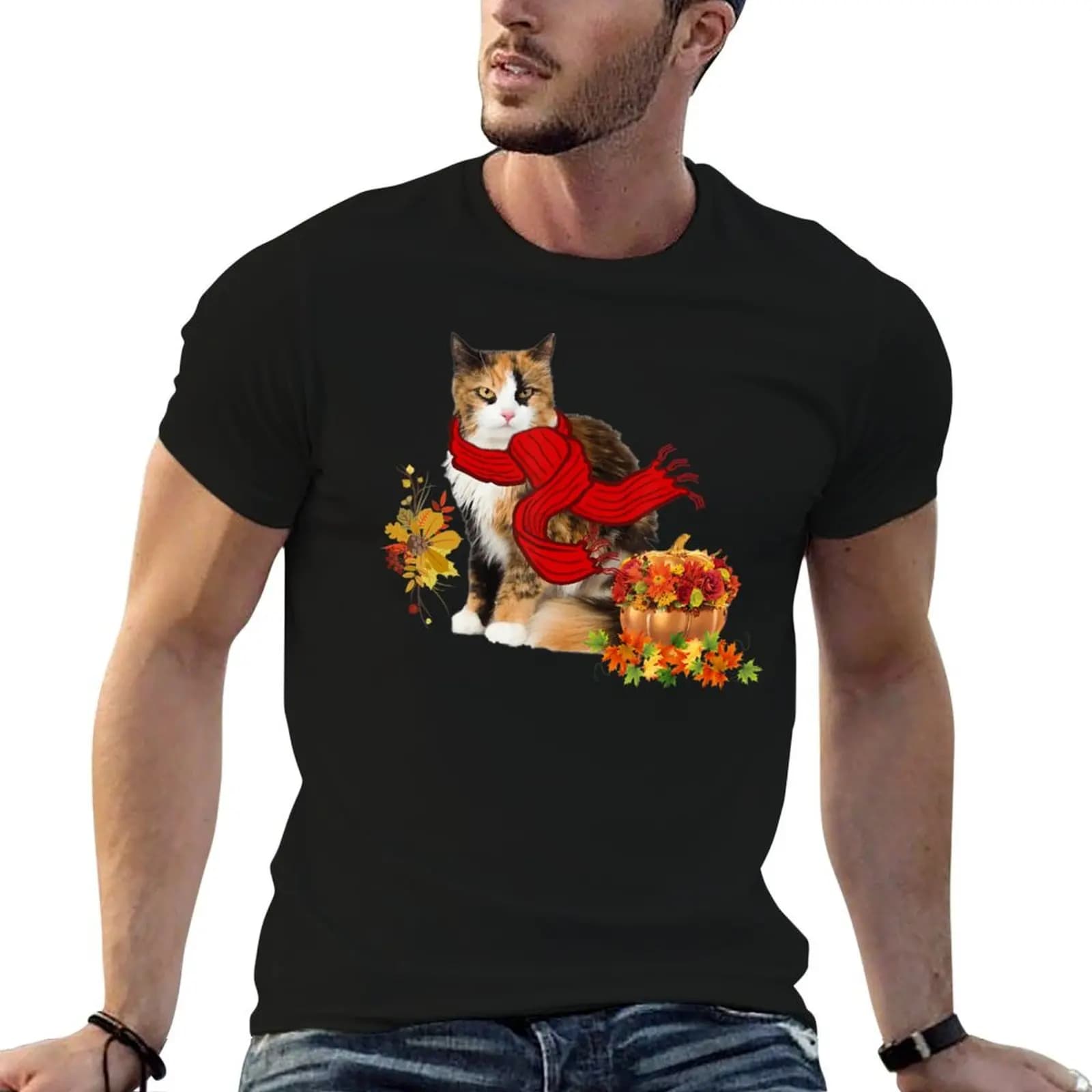 Cat Kitten Autumn Scarf Pumpkin Halloween Costume T-Shirt magliette divertenti magliette da uomo con umorismo scuro magliette grafiche