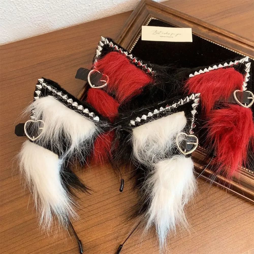 Forcina per orecchie di gatto Fascia per capelli Lolita con cintura con ciondolo amore Fascia per capelli in peluche Copricapo Lolita Cosplay Costume cosplay di Halloween da donna