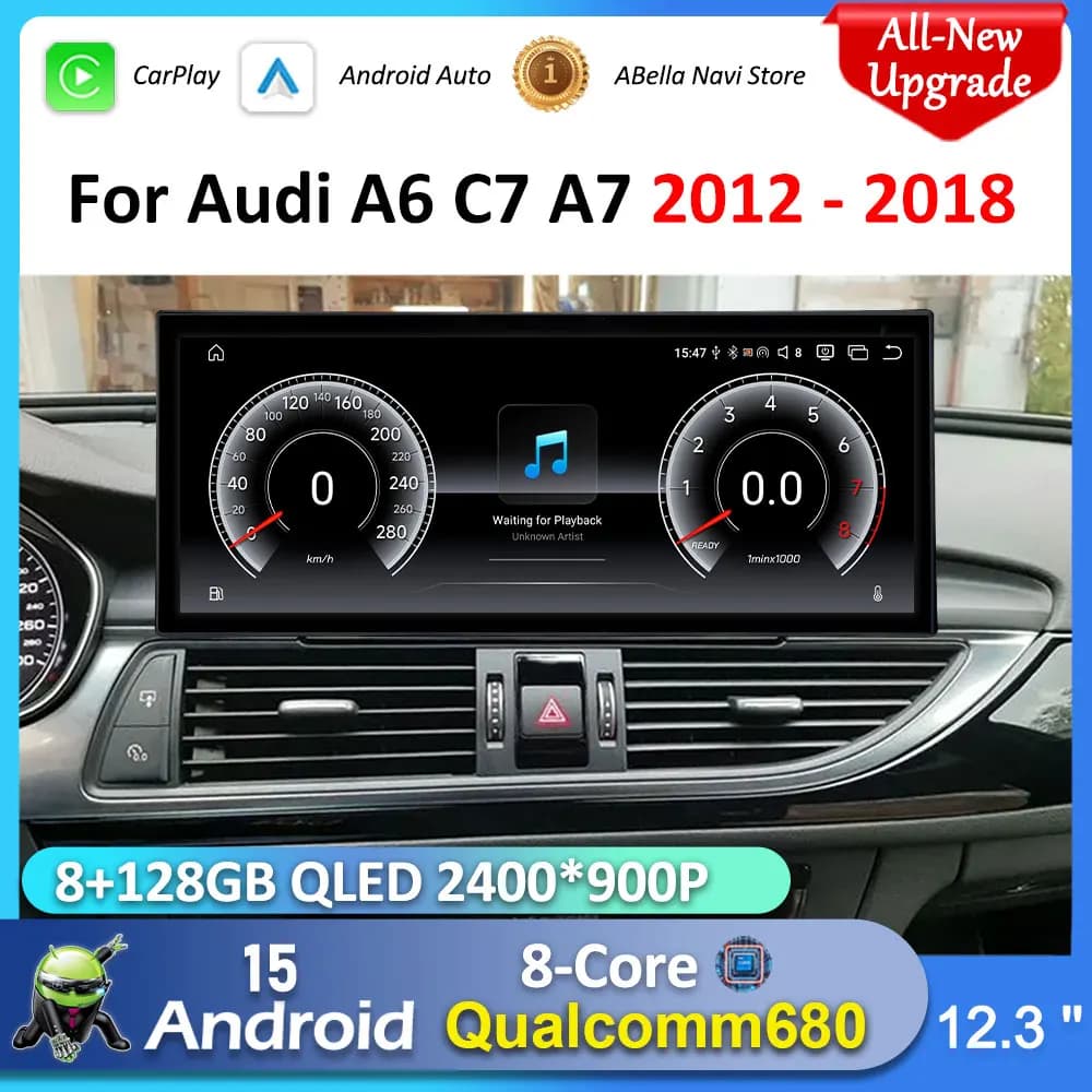 Autoradio Multimediale Android 15 per Audi A6 C7 A7 2012-2018 con CarPlay Wireless, GPS, Navigatore, Bluetooth e Schermo Touch da 12.3 Pollici