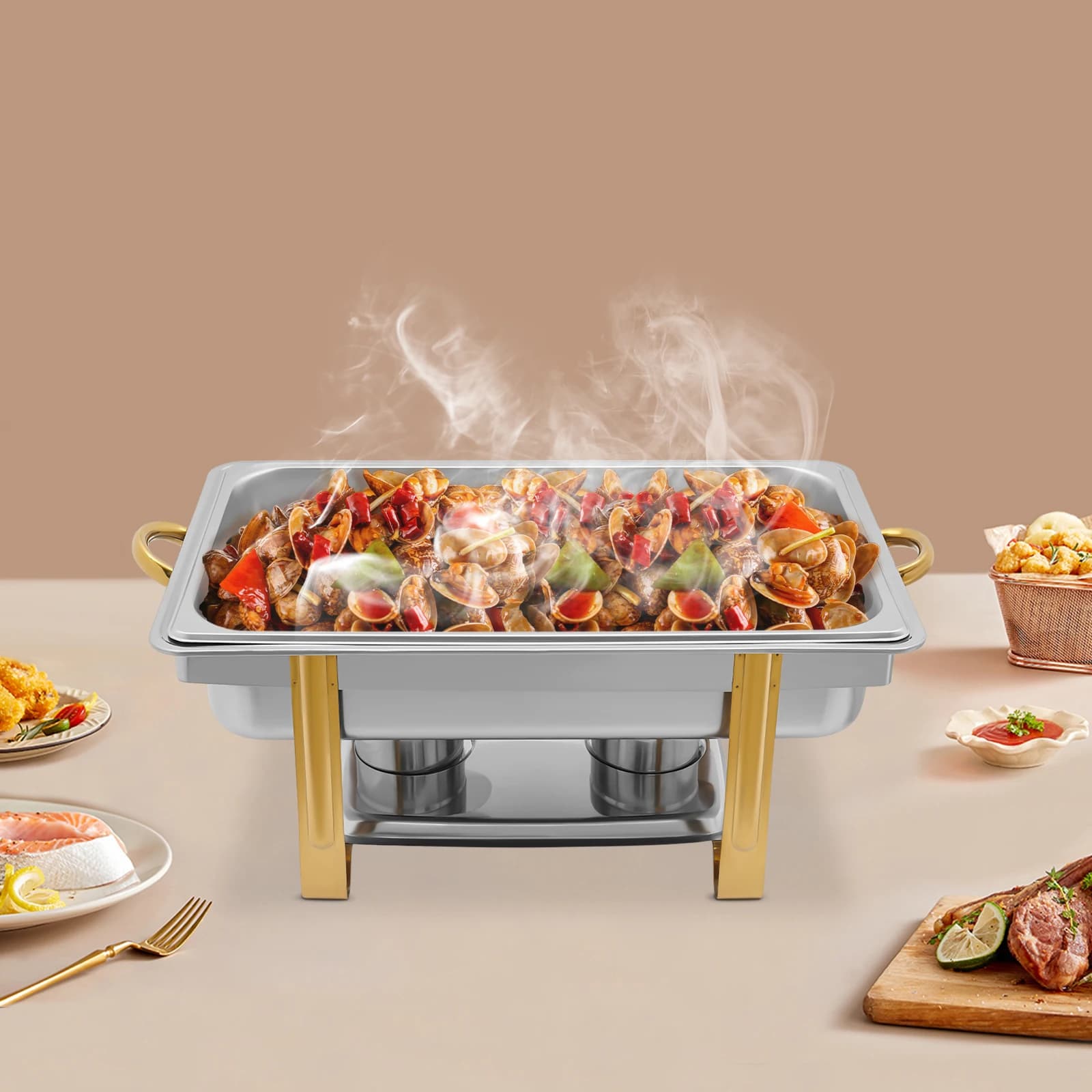 Buffet tray with 9 litre stainless steel screw heater, food pan, wine heater container, + supports and lid, for restaurants, hotel