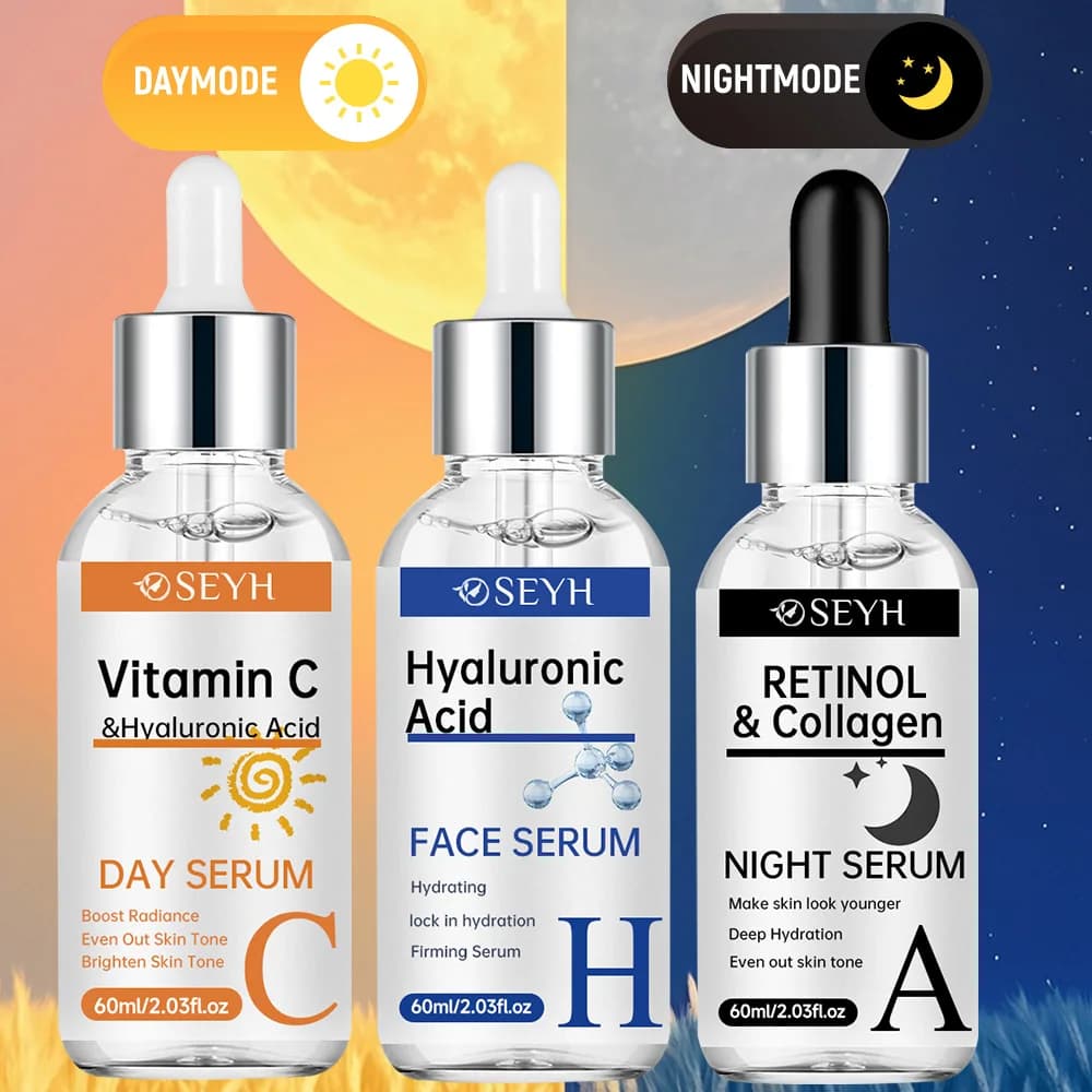 SEYH Set 3 Pieces Day & Night: Vitamin C + Retinol + Hyaluronic Acid with Collagen, Aloe Vera, Niacinamide for Illuminating and Rassodating Skin