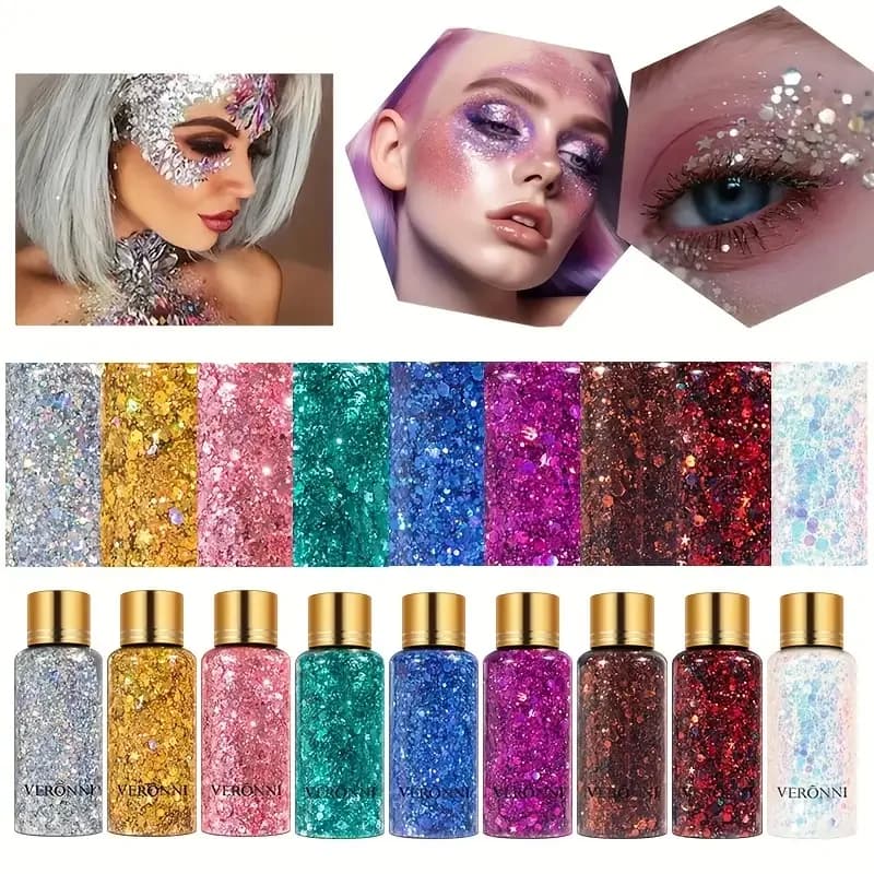 Gel glitter scintillante con paillettes per viso e corpo, trucco glitterato per labbra e capelli, vibrante e duraturo per Halloween