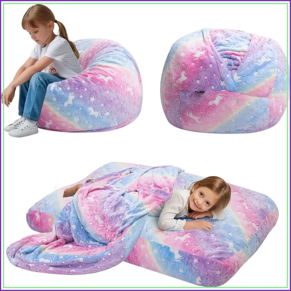 Convertible Bean Bag Chair to Floor Mattress, Unicorn Rainbow Design with Filler, Toddler Bed for Sleeping