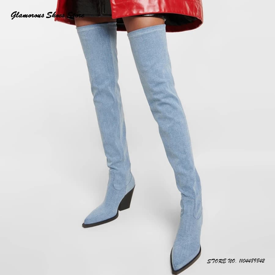 Stivali sopra il ginocchio elasticizzati alla moda Zeppe a punta da donna Scarpe di tendenza taglie forti Primavera Autunno Eleganti stivali alti alla coscia