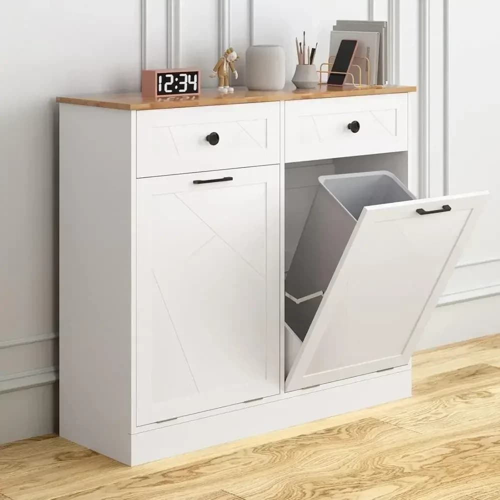 Double Waste Bin Cabinet, Pet Proof Trash Holder, Concealed Standing Recycling Storage for Kitchen or Living Room in White