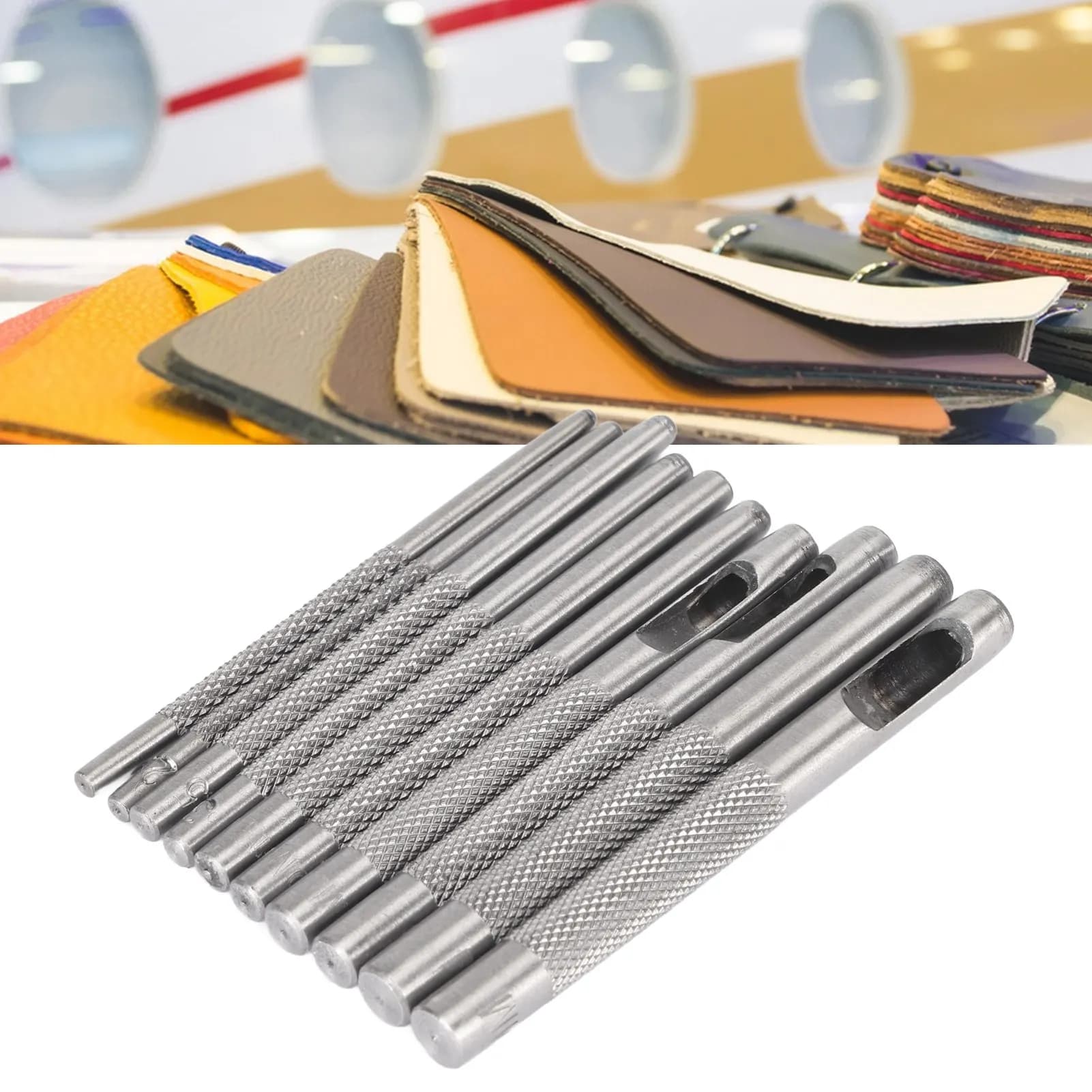 Set di punzoni in pelle cava in acciaio da 10 pezzi, strumento per fori rotondi resistenti per guarnizioni per cinture in tessuto con custodia