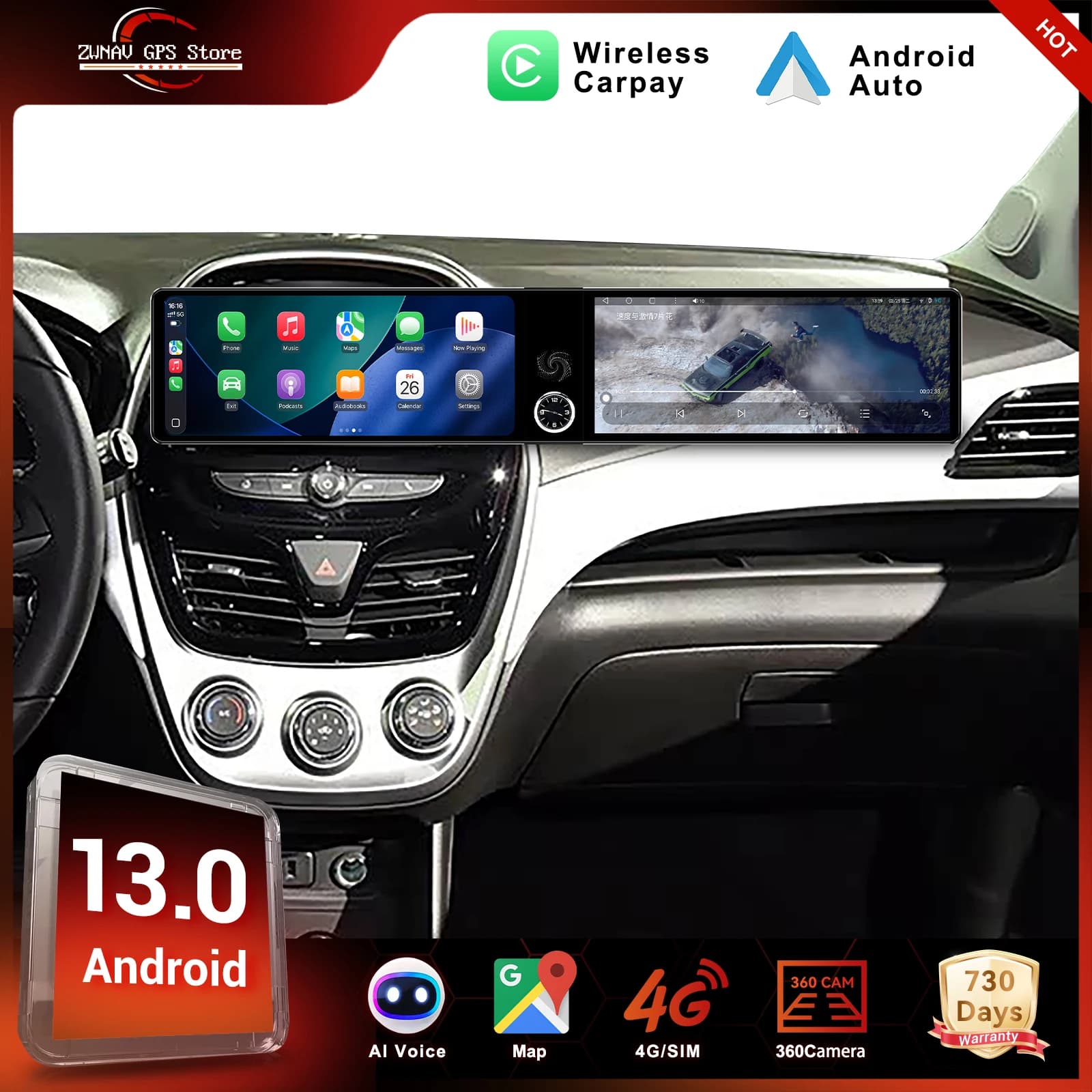 Autoradio Android 13.0 con Doppio Schermo da 12.3 Pollici e Carplay per Chevrolet Spark 2010-2017, GPS, Navigazione, WIFI Wireless