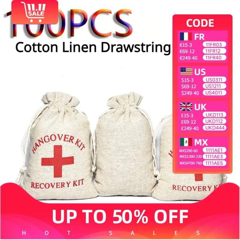 100PCS Christmas Party Wake Up Bags sacchetti regalo per feste sacchetti di stoccaggio sacchetti di lino in cotone kit di pronto soccorso borse kit di postumi di una sbornia con croce rossa