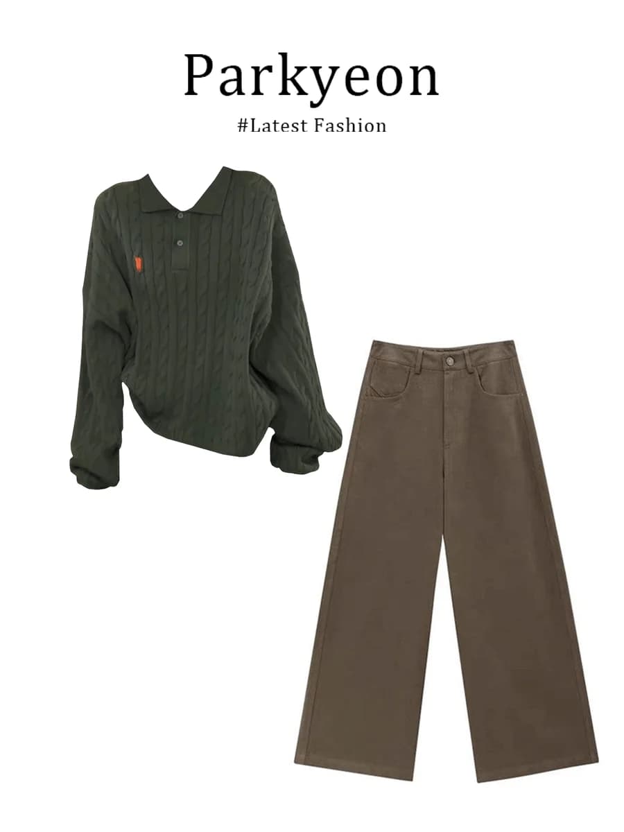 Parkyeon Japanese Style Lazy Neck Green Twisted Knit Sweater Top Jeans Set Women's Fashion Autumn Outfit Two-Piece Set