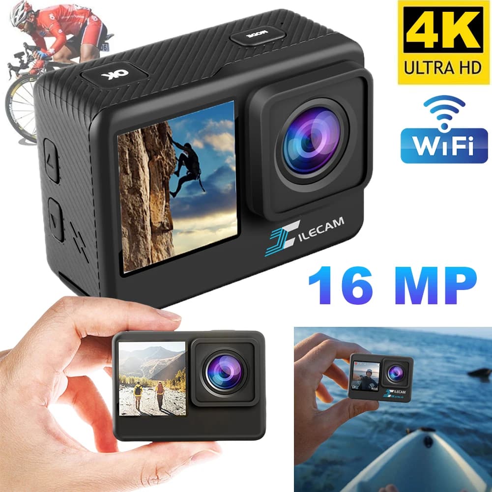 4K UHD Outdoor Sports Camera Double Screen Display 2.0 Inch IPS Screen Video Recording Camera for Bicycle Diving Camera 120