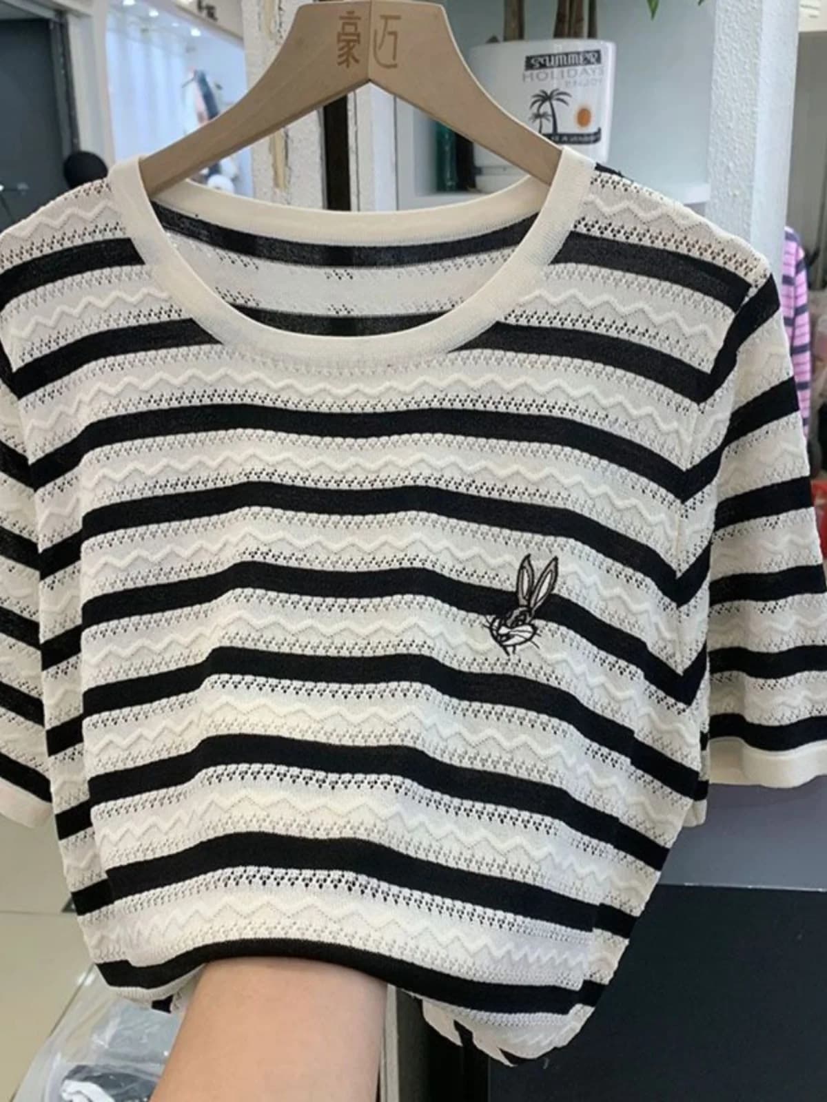 Ladies' Summer New Style Embroidered Hollow out Ice Silk Thin Knitted T-Shirt Large Size Cover Belly Stripe Pattern Casual Top