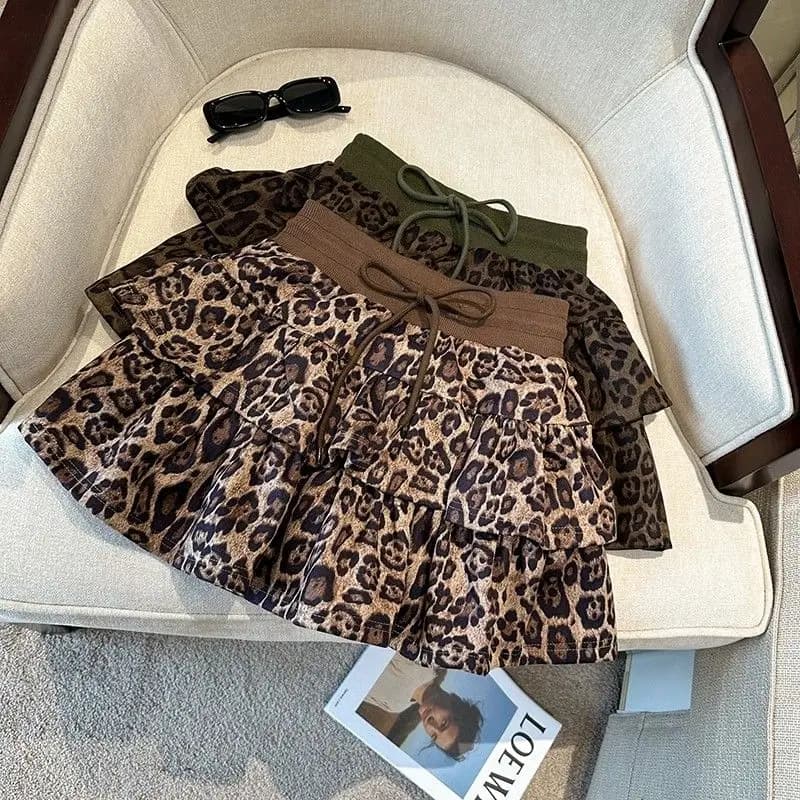 Gonna torta gonfia con stampa leopardata americana per donna, vita alta, orlo con volant, gonna corta a trapezio