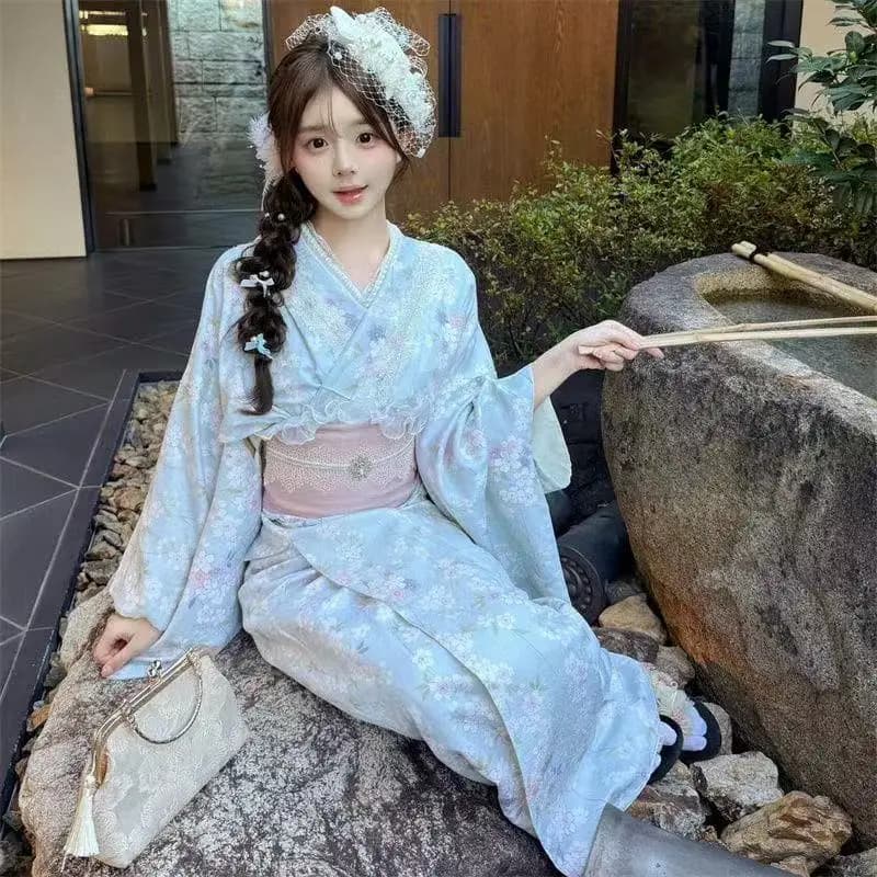 2026 Elegant Women's kimono Upgraded Traditional Japanese Yukata Dress Blue Printing Stage Cosplay Dress Female Japan Long Robe