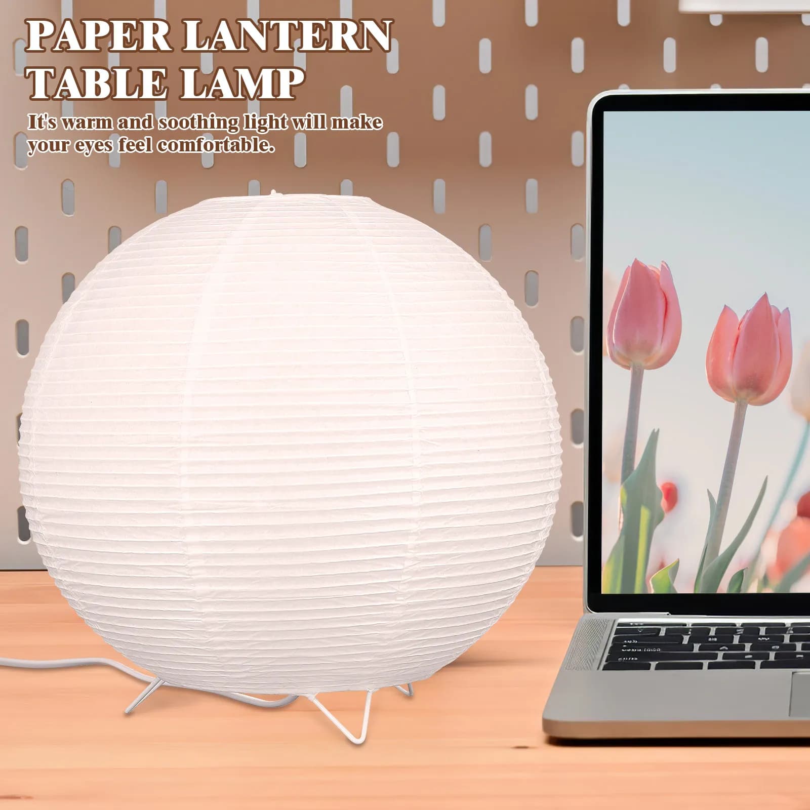Lampada Notturna in Carta con Lampadina E14, Luce Morbida e Confortevole, Paralume in Carta di Riso, Lampada da Tavolo per Camera da Letto, Dormitorio, Soggiorno, Lanterna