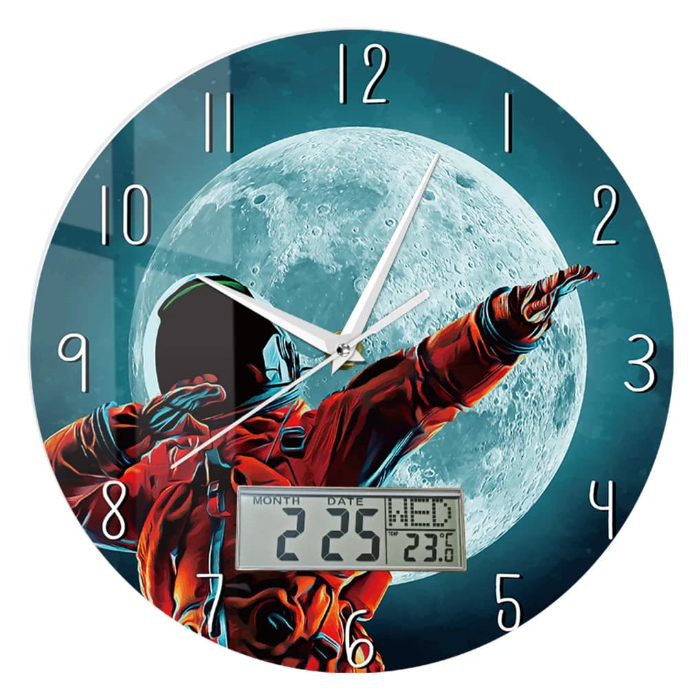 Astronaut Dabbing on Moon Wall Clock with Digital Date Week Temperature Sci-Fi Home Decor Dab Dance on Space Decorative Clock