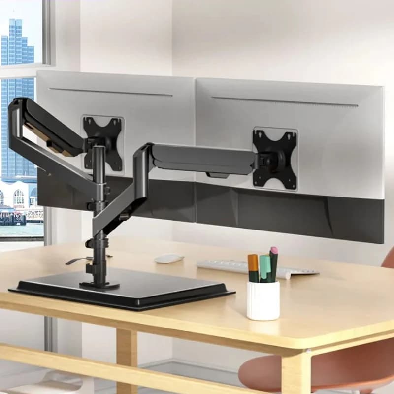 Dual monitor support for desktop/laptop, height adjustable display support, double screen arm with gas spring, 2 Mon desk support