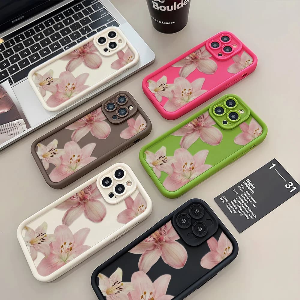 Painted Phone Case for Apple iPhone 17 16 15 14 13 12 11 Pro Max 8 Plus SE Cases Realistic Pink Lily Print Protection Capinha