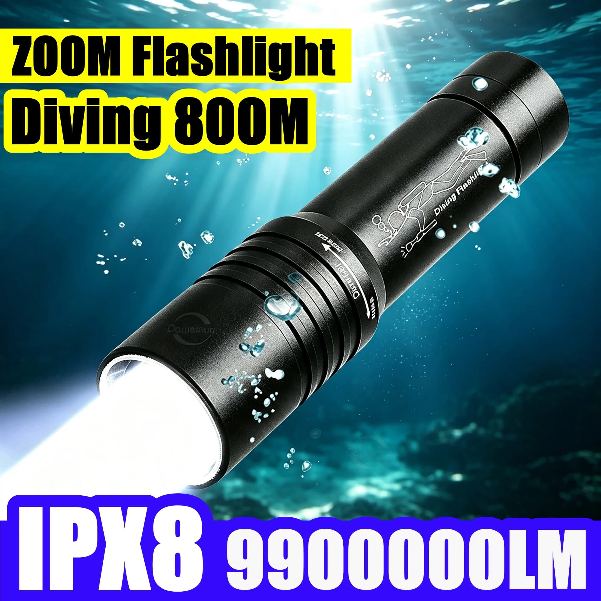 IPX8 Professional Diving Flashlight Zoomable Underwater Torch 800M Diving Depth Rechargeable Lamp for Scuba Diving Snorkeling